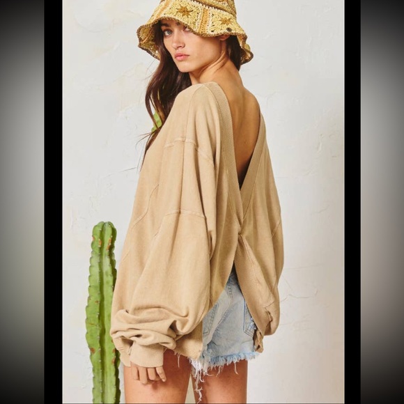 ✨NEW LIST✨ Reversible Twist French Terry Baggy Comfy Tan Sweater With Pockets - Picture 6 of 6